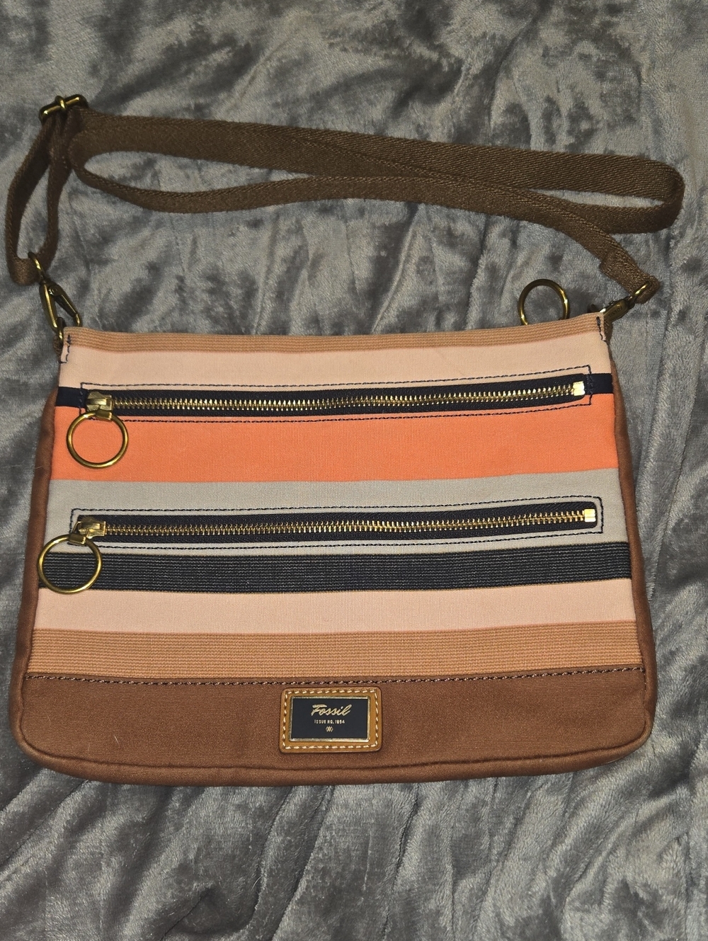 Fossil-Coral and Brown Striped "Dawson" Canvas Crossbody